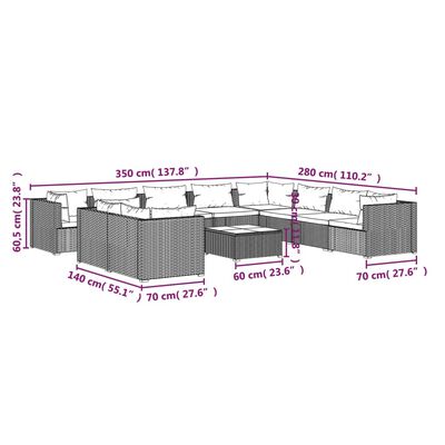 vidaXL 11-dielna záhradná sedacia súprava s podložkami hnedá polyratan