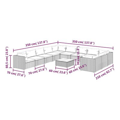 vidaXL 12-dielna záhradná sedacia súprava s vankúšmi polyratan hnedá