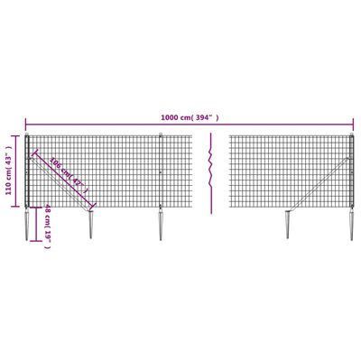 vidaXL Drôtený plot s kotviacimi hrotmi zelený 1,1x10 m