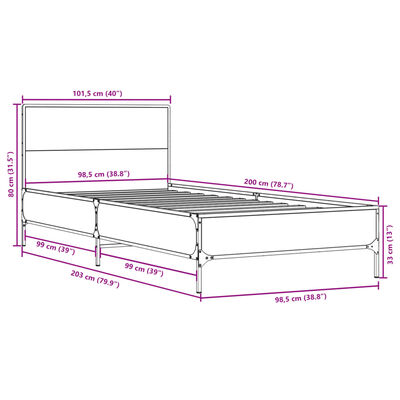 vidaXL Posteľný rám dymový dub 100x200 cm kompozitné drevo a kov