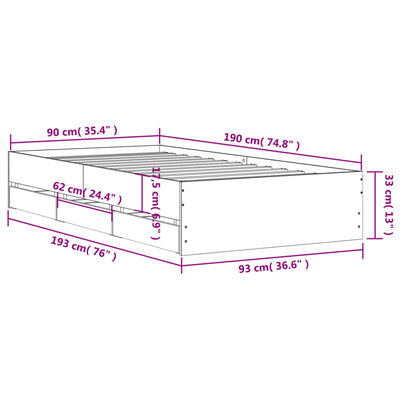 vidaXL Posteľný rám so zásuvkami sivý sonoma 90x190cm kompozitné drevo