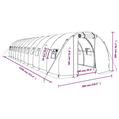 vidaXL Fóliovník s oceľovým rámom biely 36 m² 12x3x2 m