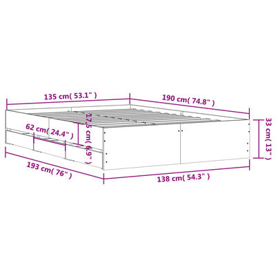 vidaXL Posteľný rám so zásuvkami sivý sonoma 135x190cm kompozit. drevo