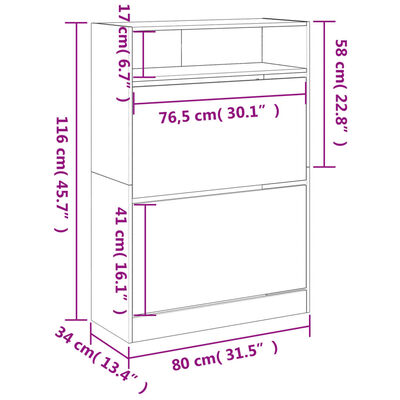 vidaXL Botník s 2 výklopnými zásuvkami sivý dub sonoma 80x34x116 cm