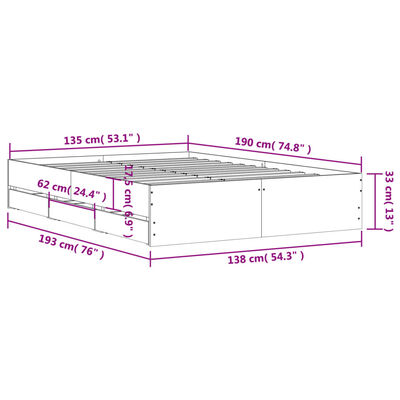 vidaXL Posteľný rám so zásuvkami dub sonoma 135x190cm kompozitné drevo