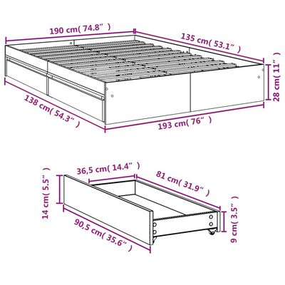 vidaXL Posteľný rám so zásuvkami čierny 135x190 cm kompozitné drevo