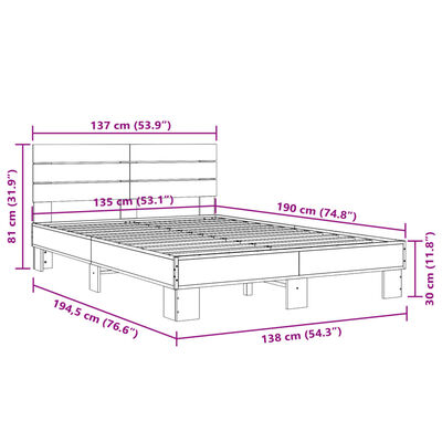 vidaXL Posteľný rám hnedý dub 135x190 cm kompozitné drevo a kov