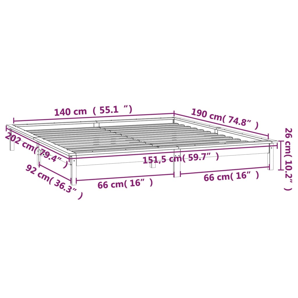 vidaXL Posteľný rám s LED 140x190 cm masívne drevo