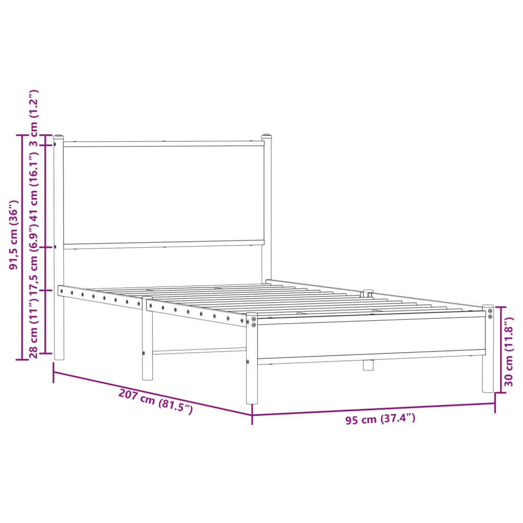 vidaXL Kovový posteľný rám s čelom hnedý dub 90x200 cm