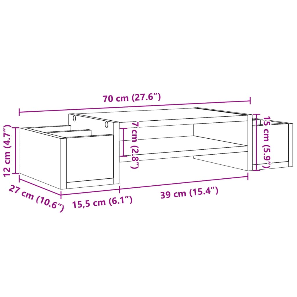 vidaXL Stojan na monitor s policou dymový dub 70x27x15 cm kompoz.drevo