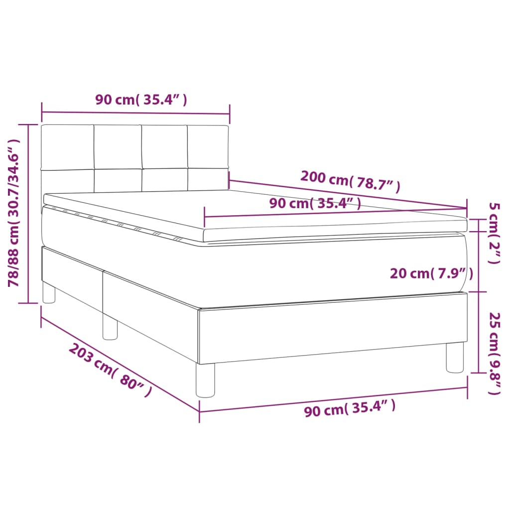 vidaXL Posteľ boxsping s matracom a LED sivohnedá 90x200 cm látka