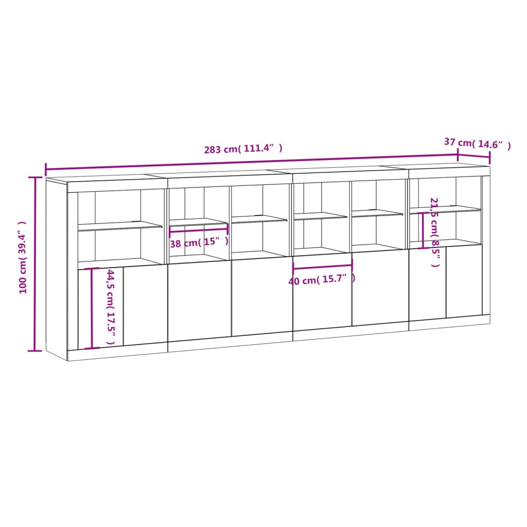 vidaXL Komoda s LED svetlami betónovo-sivá 283x37x100 cm