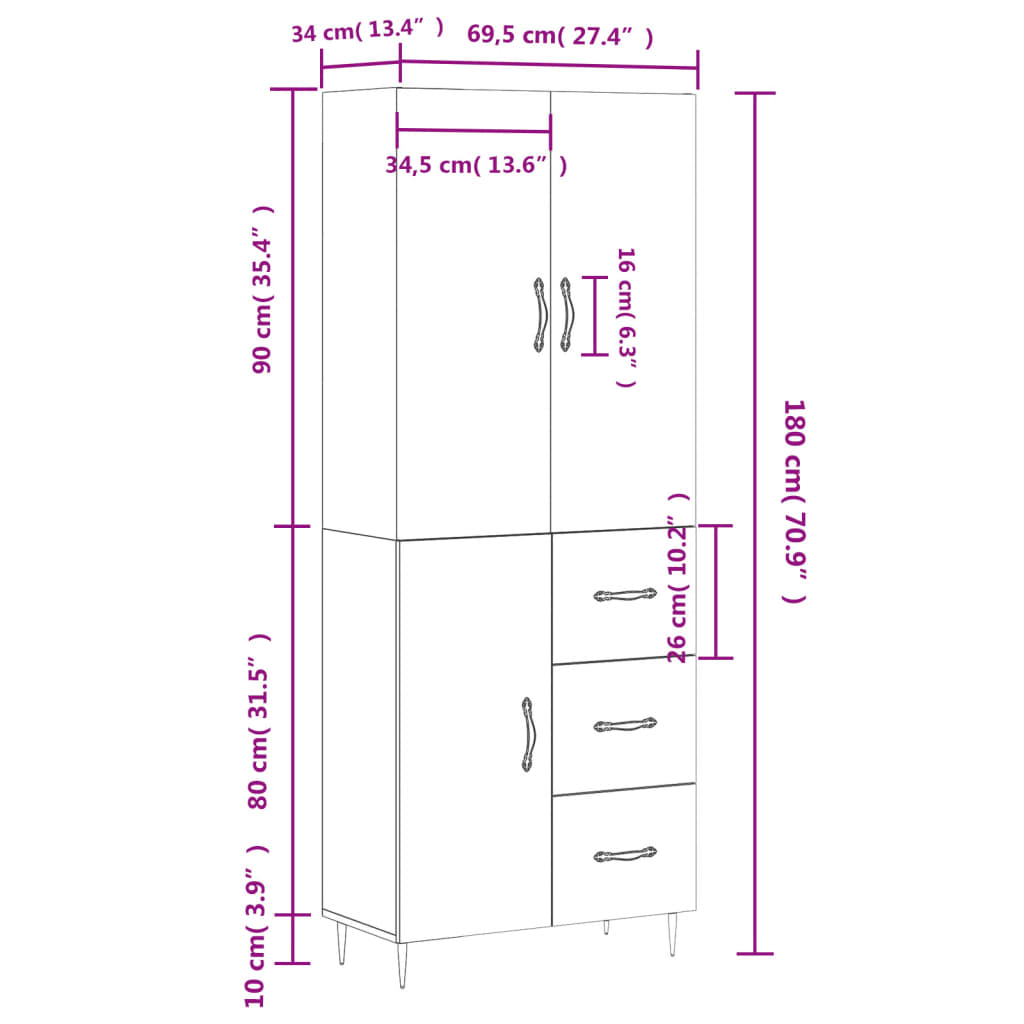 vidaXL Vysoká skrinka hnedý dub 69,5x34x180 cm spracované drevo