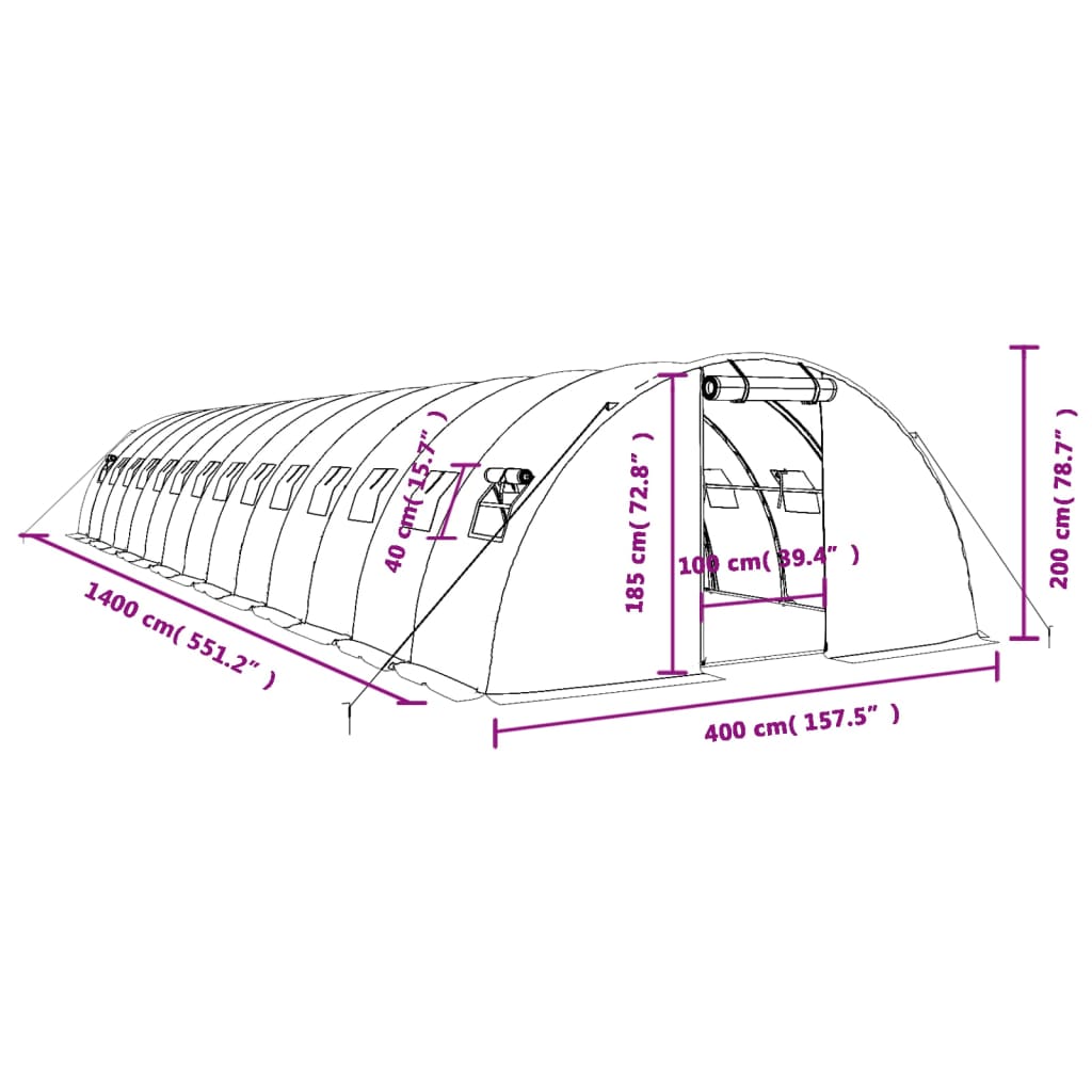 vidaXL Fóliovník s oceľovým rámom biely 56 m² 14x4x2 m