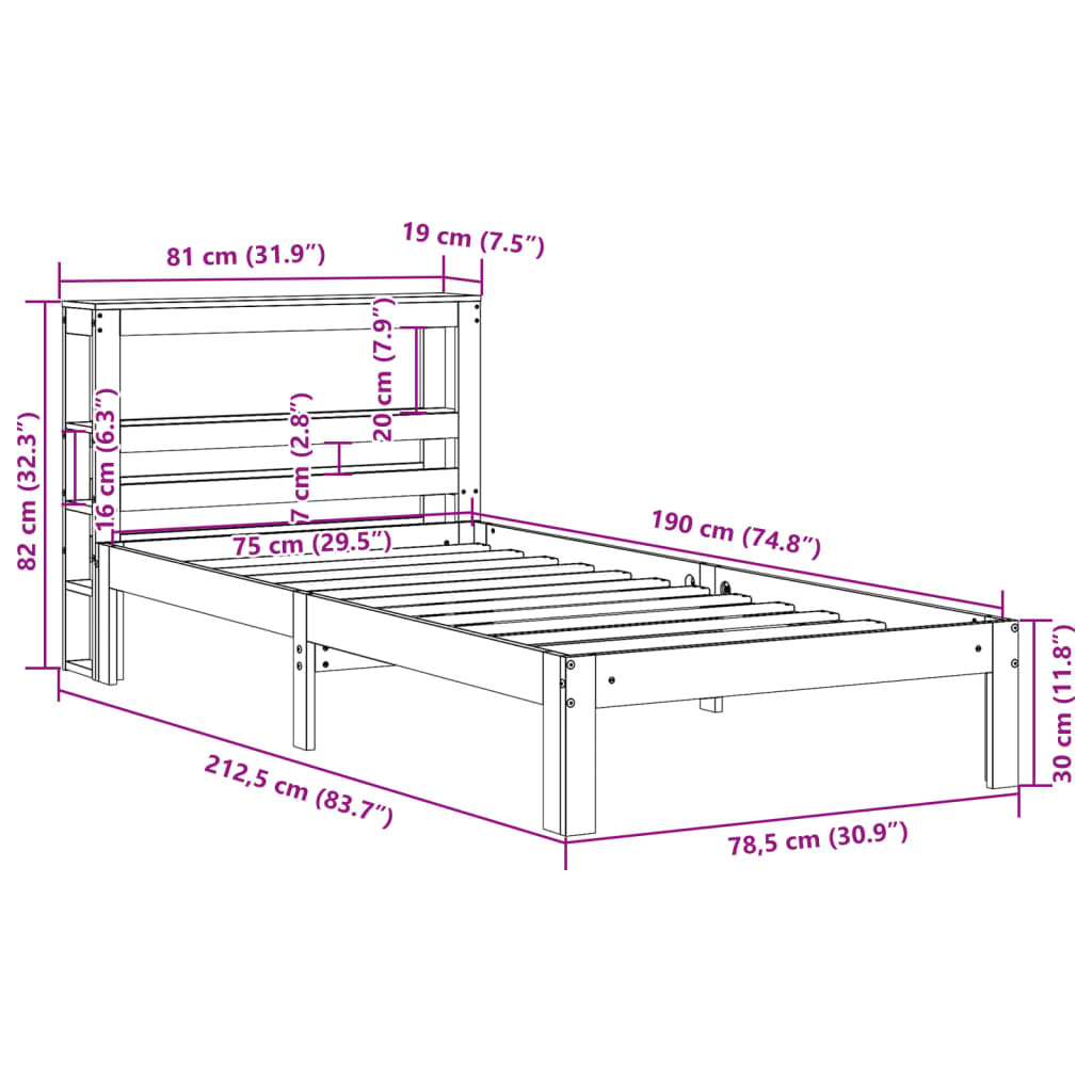 vidaXL Posteľný rám s čelom biely 75x190 cm borovicový masív