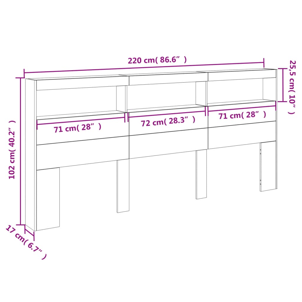 vidaXL Skrinka na čelo postele s LED hnedý dub 220x17x102 cm