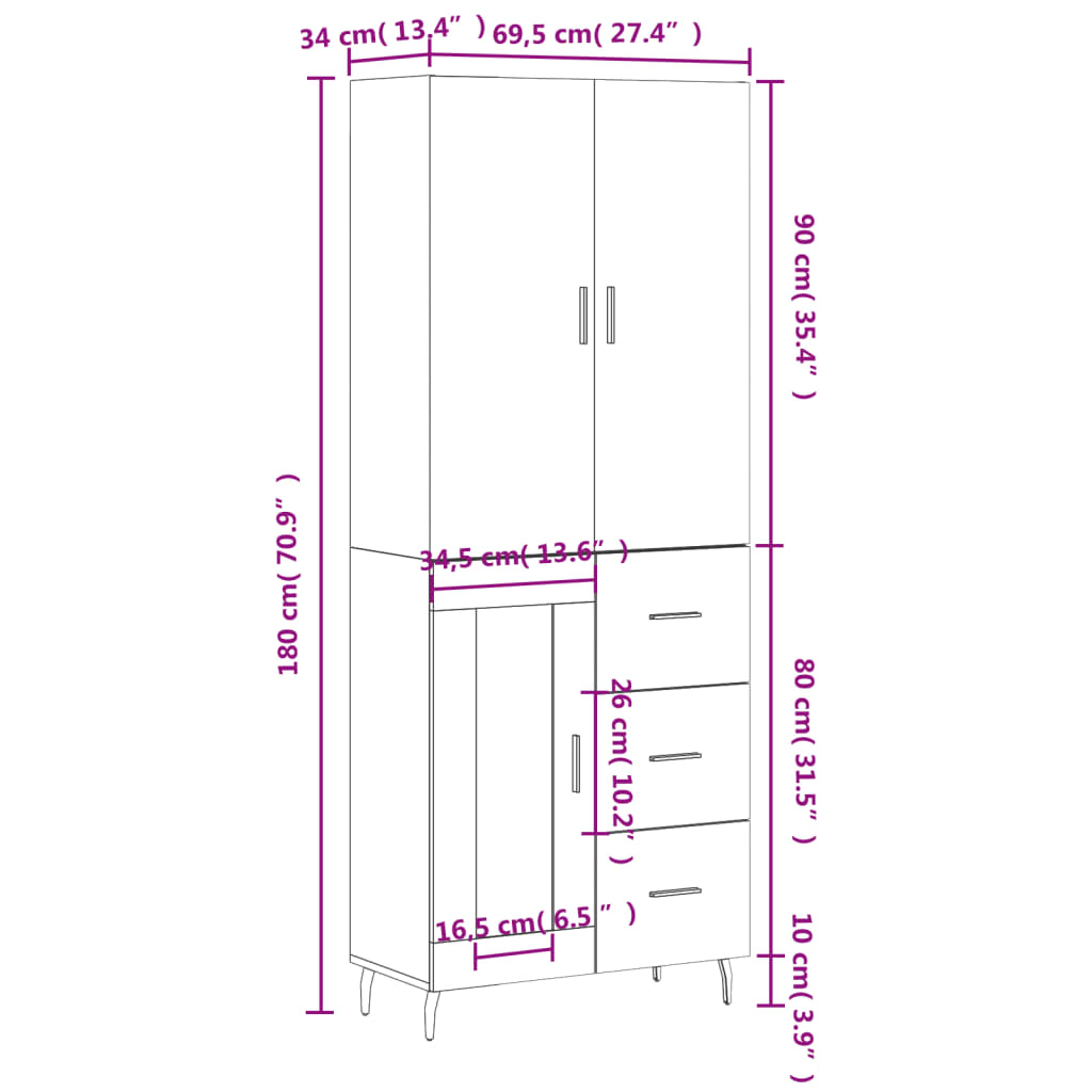 vidaXL Vysoká skrinka hnedý dub 69,5x34x180 cm spracované drevo