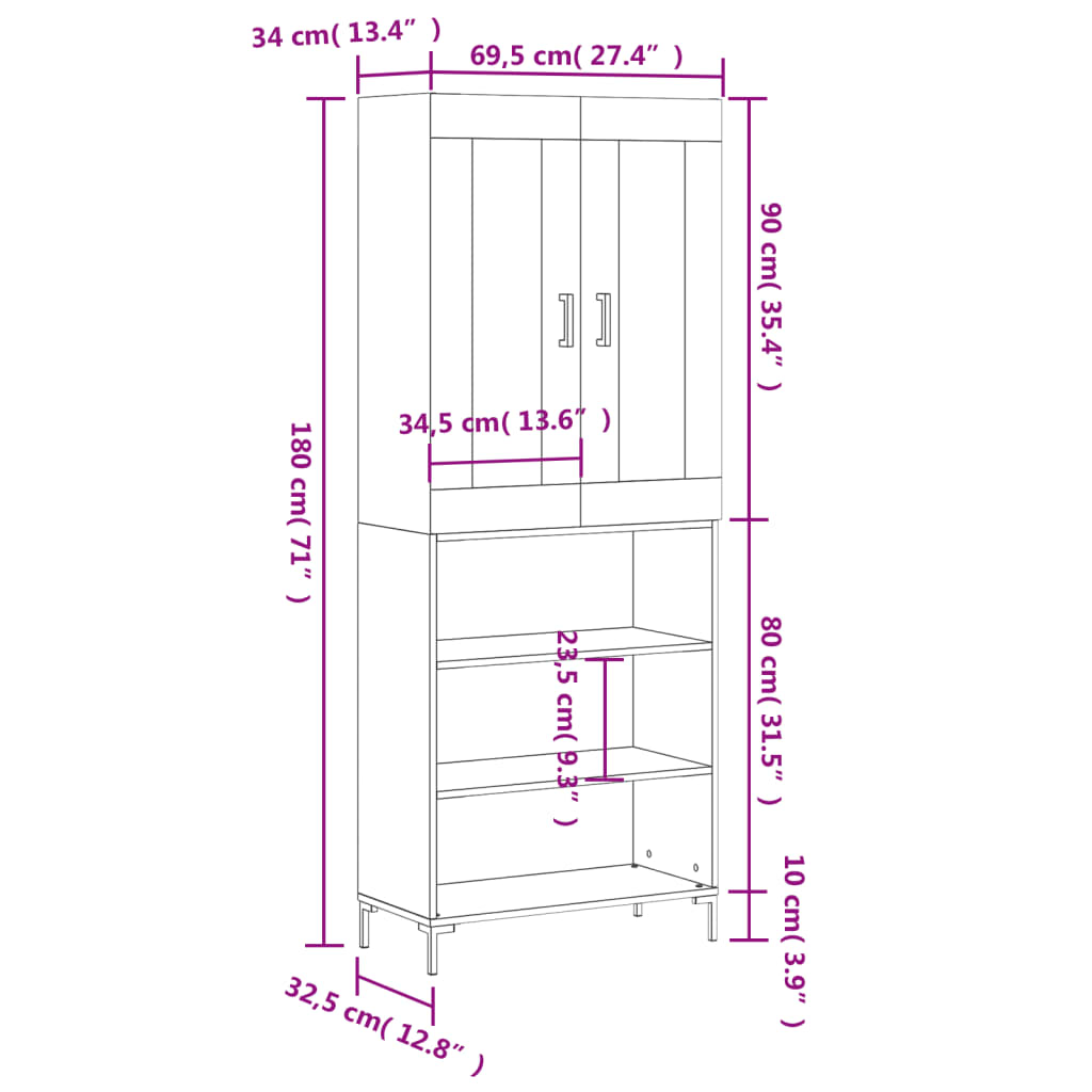 vidaXL Vysoká skrinka lesklá biela 69,5x34x180 cm spracované drevo