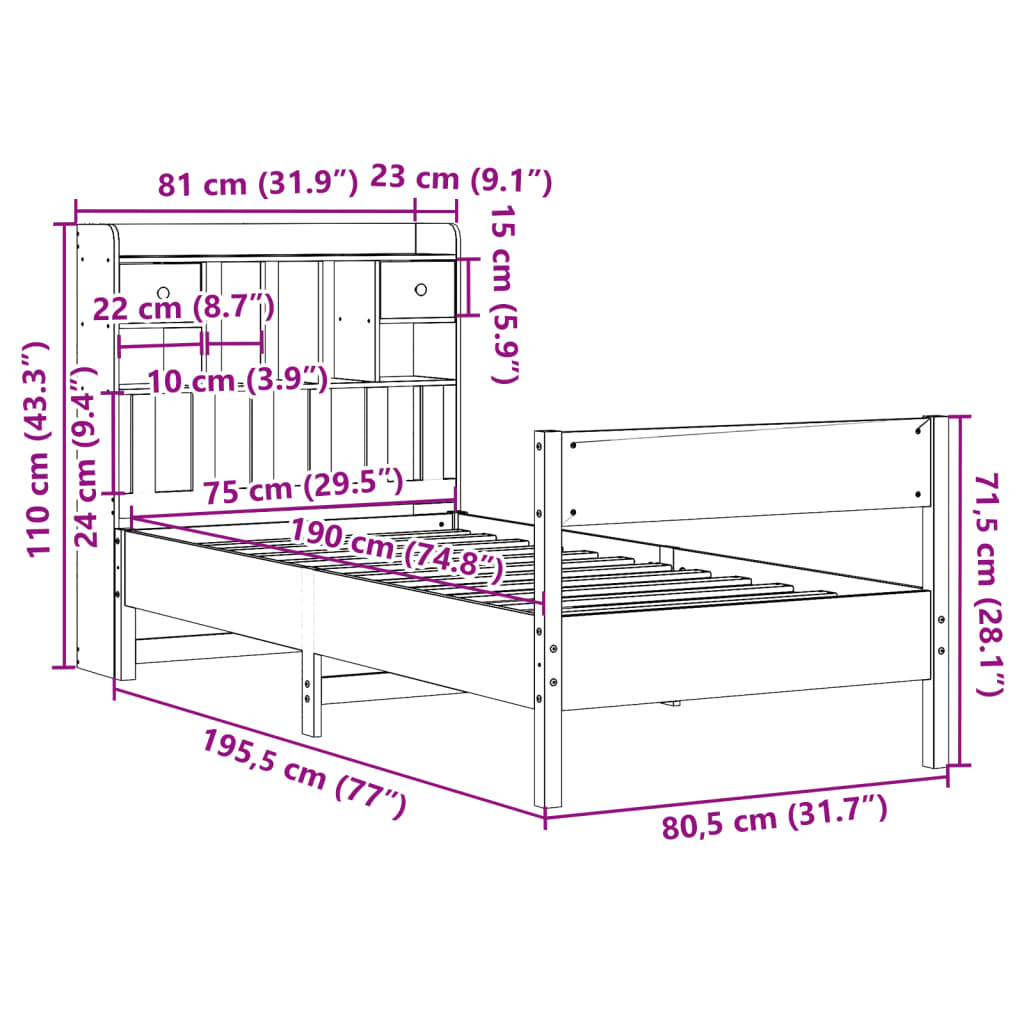 vidaXL Posteľ s knižnicou bez matraca vosková 75x190 cm borovica