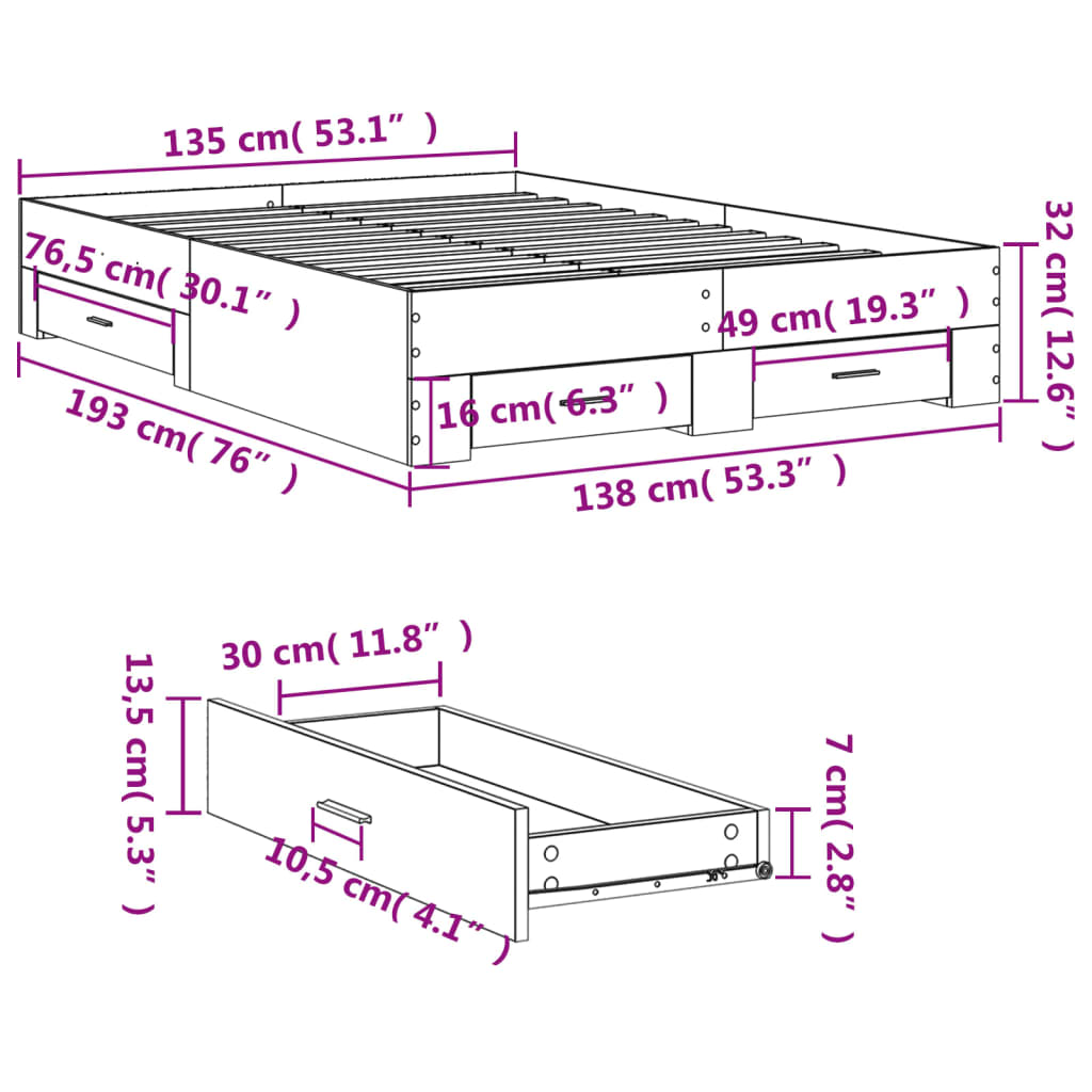 vidaXL Posteľný rám so zásuvkami čierny 135x190 cm kompozitné drevo