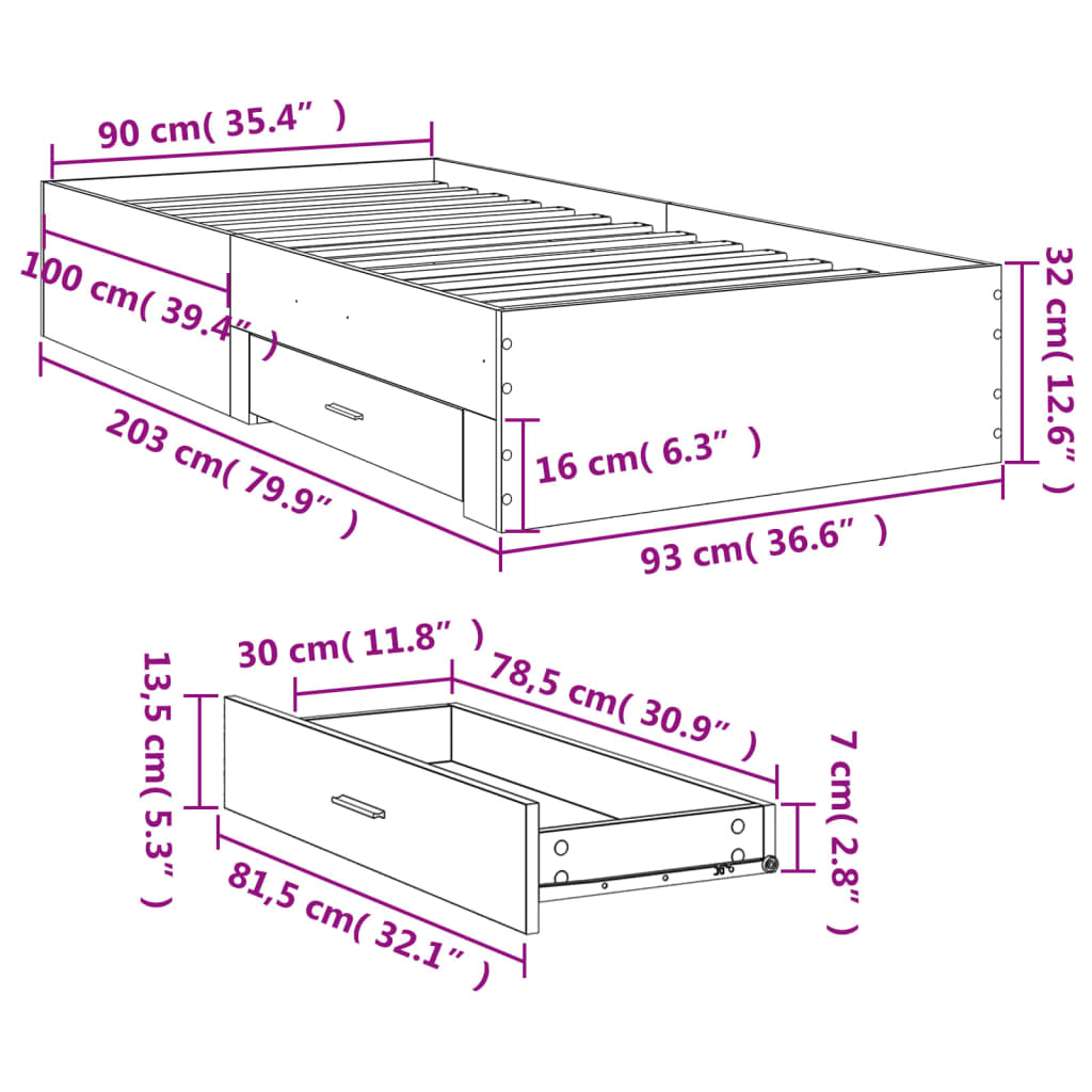 vidaXL Posteľný rám so zásuvkami dub sonoma 90x200 cm kompozitné drevo