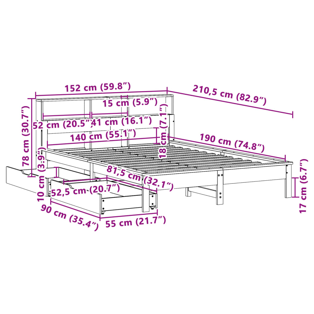 vidaXL Posteľ s knižnicou bez matraca 140x190 cm borovicový masív