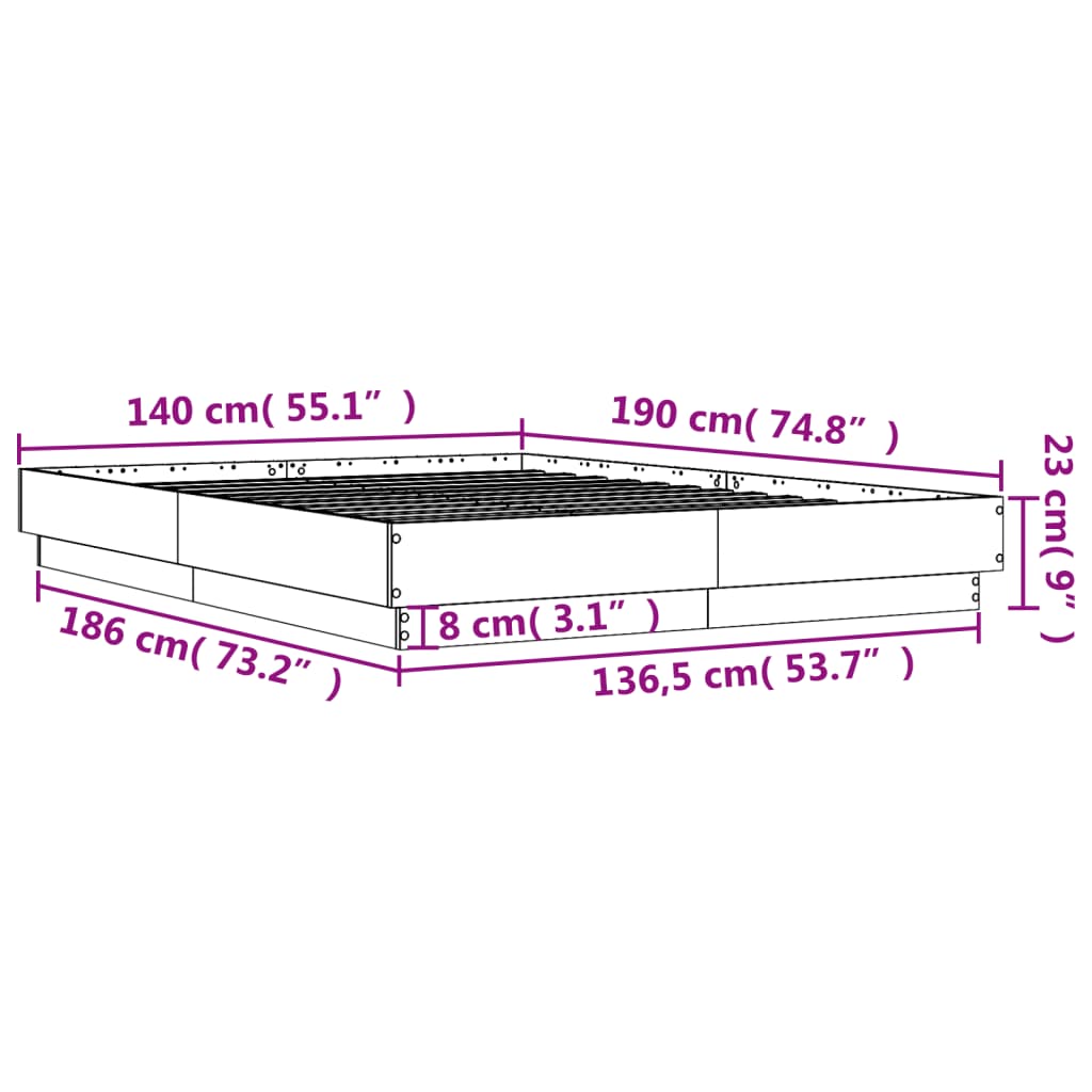 vidaXL Rám postele s LED svetlami sivý dub sonoma 140x190 cm