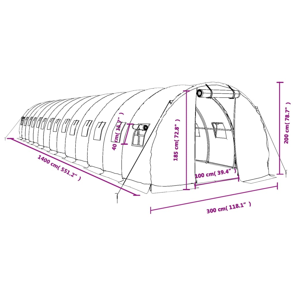 vidaXL Fóliovník s oceľovým rámom zelený 42 m² 14x3x2 m