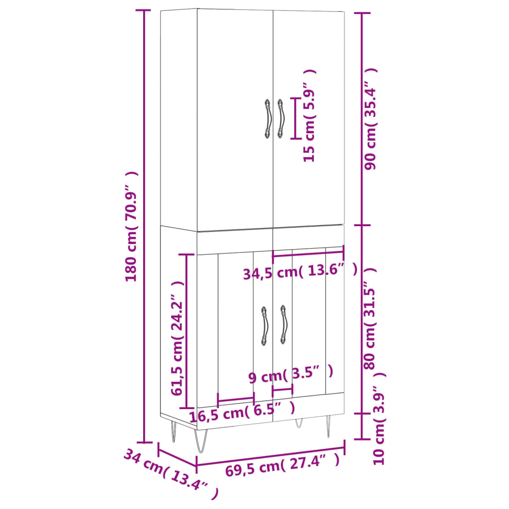 vidaXL Vysoká skrinka lesklá biela 69,5x34x180 cm spracované drevo