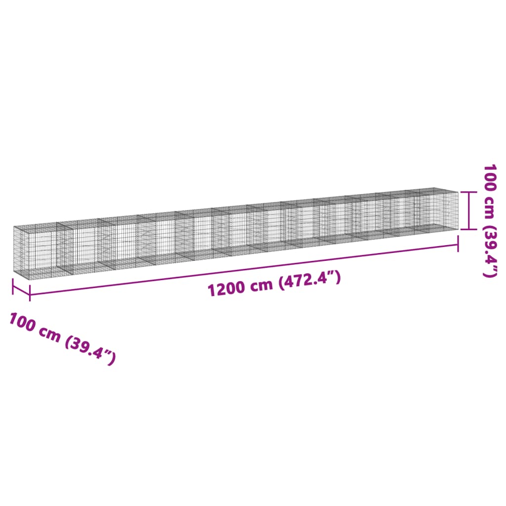 vidaXL Gabiónový kôš s krytom 1200x100x100 cm pozinkované železo