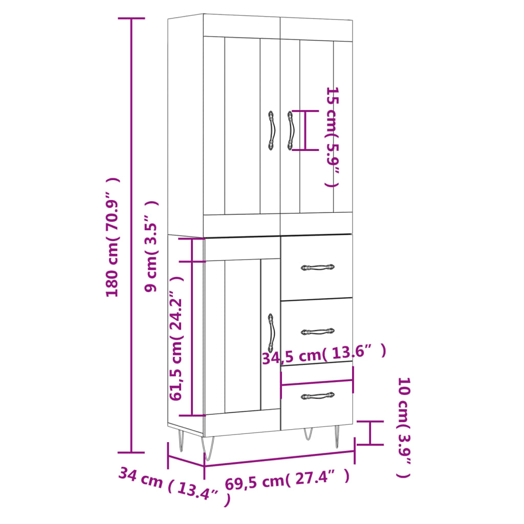 vidaXL Vysoká skrinka čierna 69,5x34x180 cm spracované drevo