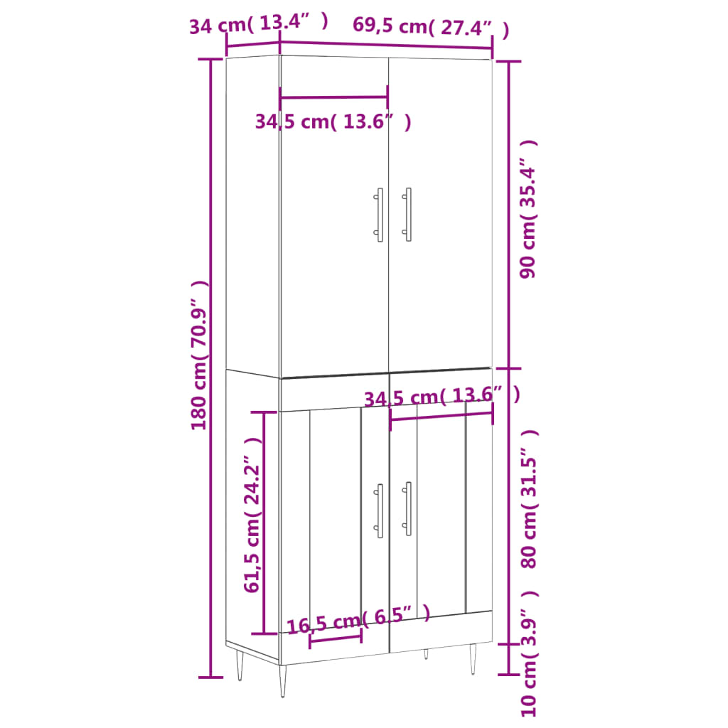 vidaXL Vysoká skrinka betónová sivá 69,5x34x180 cm spracované drevo