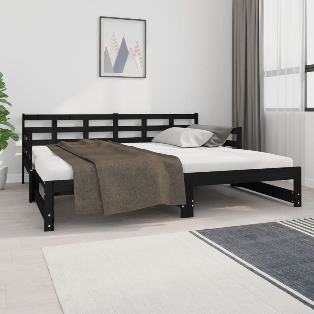 vidaXL Rozkladacia denná posteľ čierna borovicový masív 2x(90x190) cm
