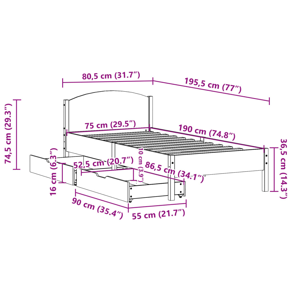 vidaXL Posteľ bez matraca 75x190 cm masívna borovica