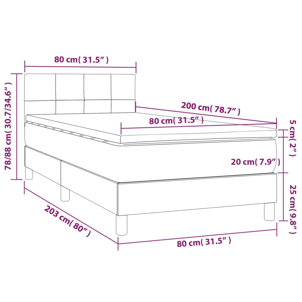 vidaXL Posteľ boxsping s matracom a LED sivohnedá 80x200 cm látka