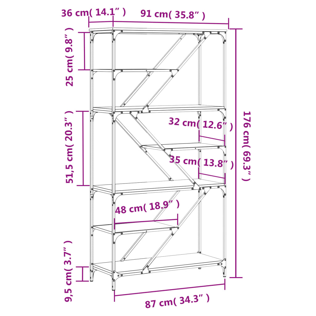 vidaXL Knižnica dub sonoma 91x36x176 cm kompozitné drevo a oceľ