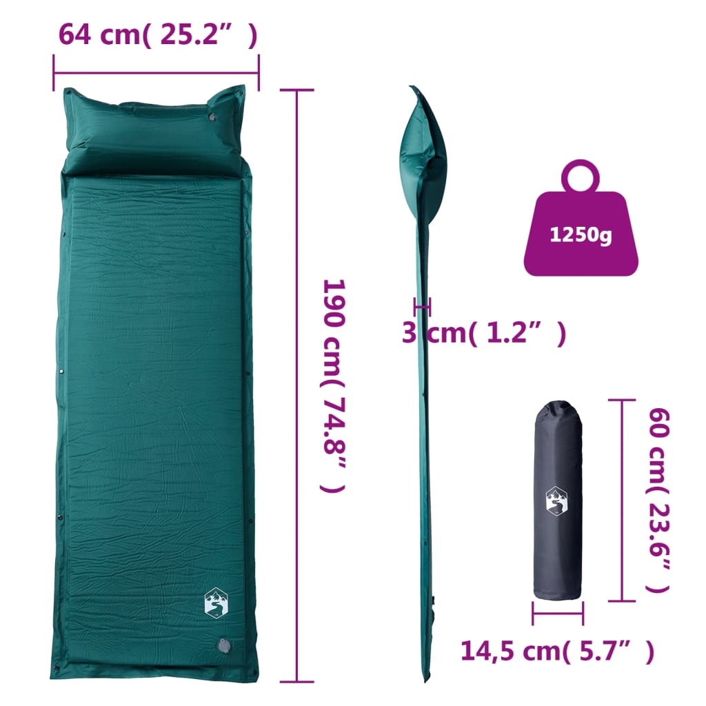 vidaXL Samonafukovací kempingový matrac s vankúšom, 1 osoba, zelený