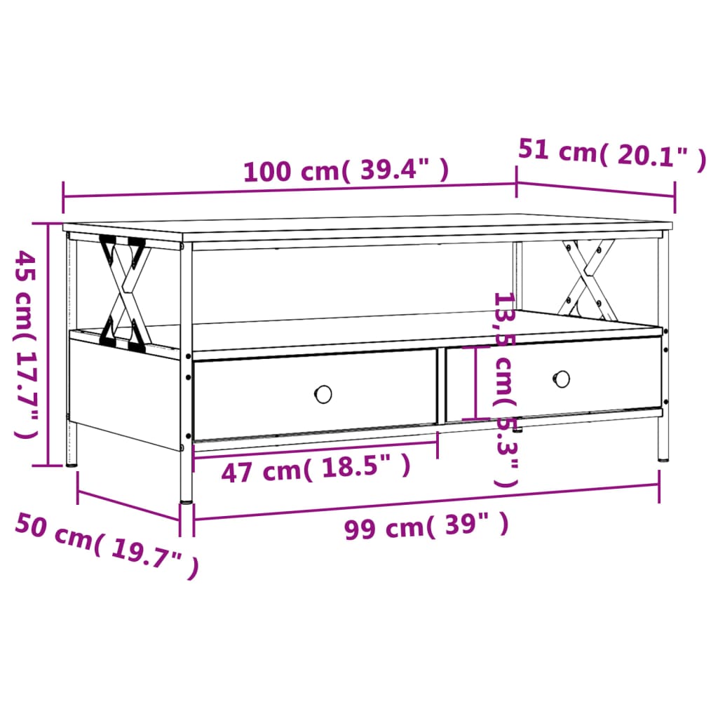 vidaXL Konferenčný stolík dub sonoma 100x51x45 cm kompozitné drevo