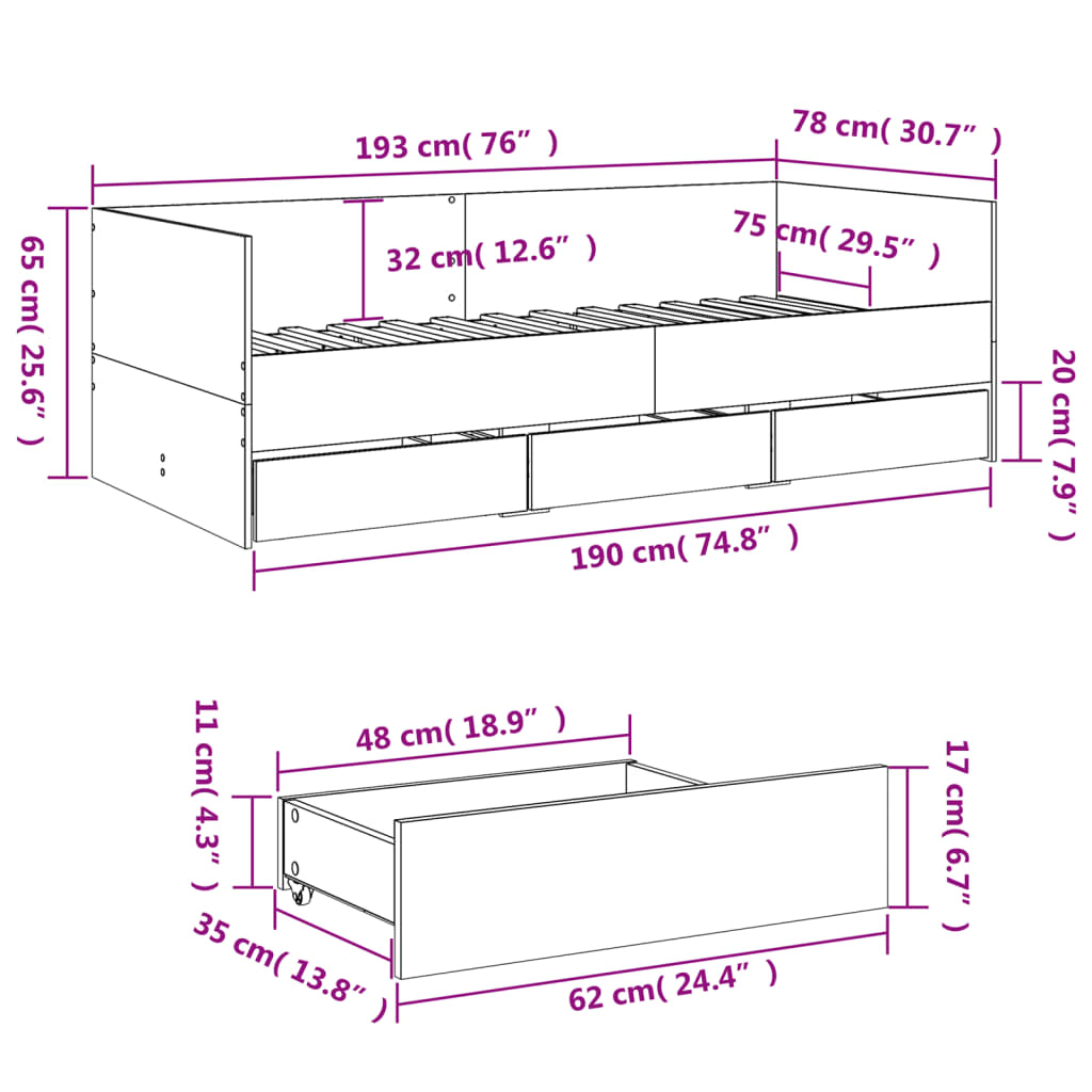 vidaXL Váľanda so zásuvkami bez matraca hnedý dub 75x190 cm