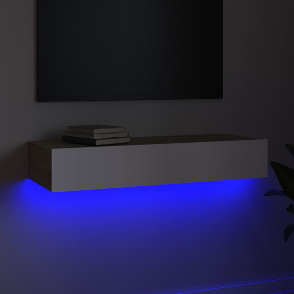 vidaXL TV skrinka s LED svetlami biela a dub sonoma 90x35x15,5 cm