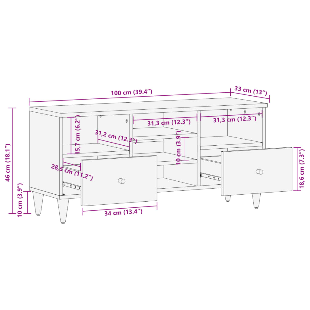 vidaXL TV skrinka 100x33x46 cm, mangový masív