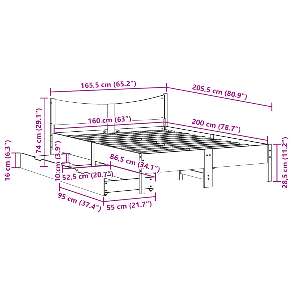 vidaXL Posteľný rám so zásuvkami biely 160x200 cm borovicový masív