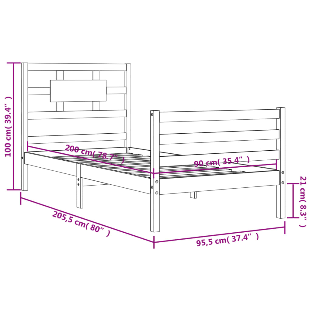 vidaXL Posteľný rám s čelom biely 90x200 cm masívne drevo