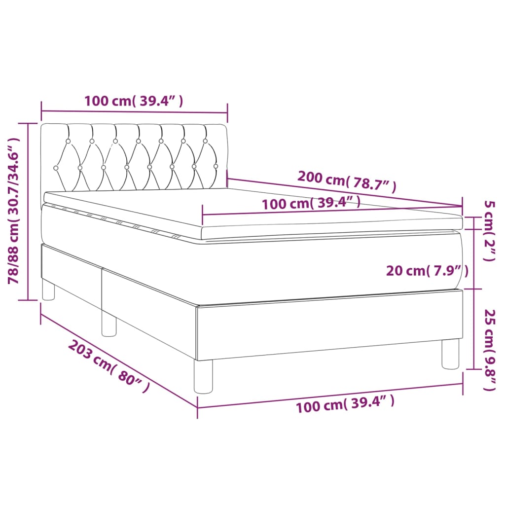 vidaXL Posteľný rám boxsping matrac a LED tmavomodrý 100x200 cm zamat