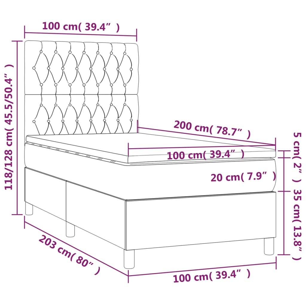 vidaXL Posteľ boxsping s matracom a LED krémová 100x200 cm látka