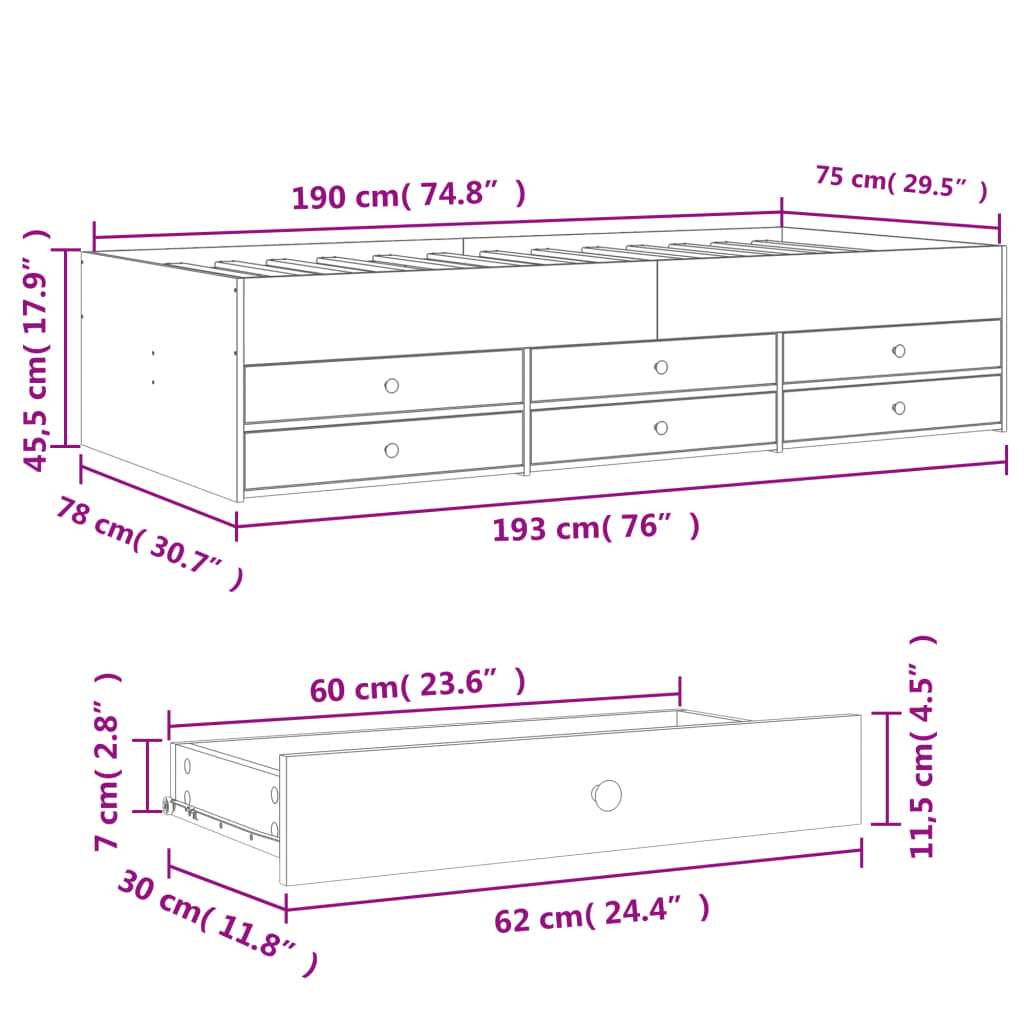 vidaXL Váľanda so zásuvkami bez matraca dub sonoma 75x190 cm