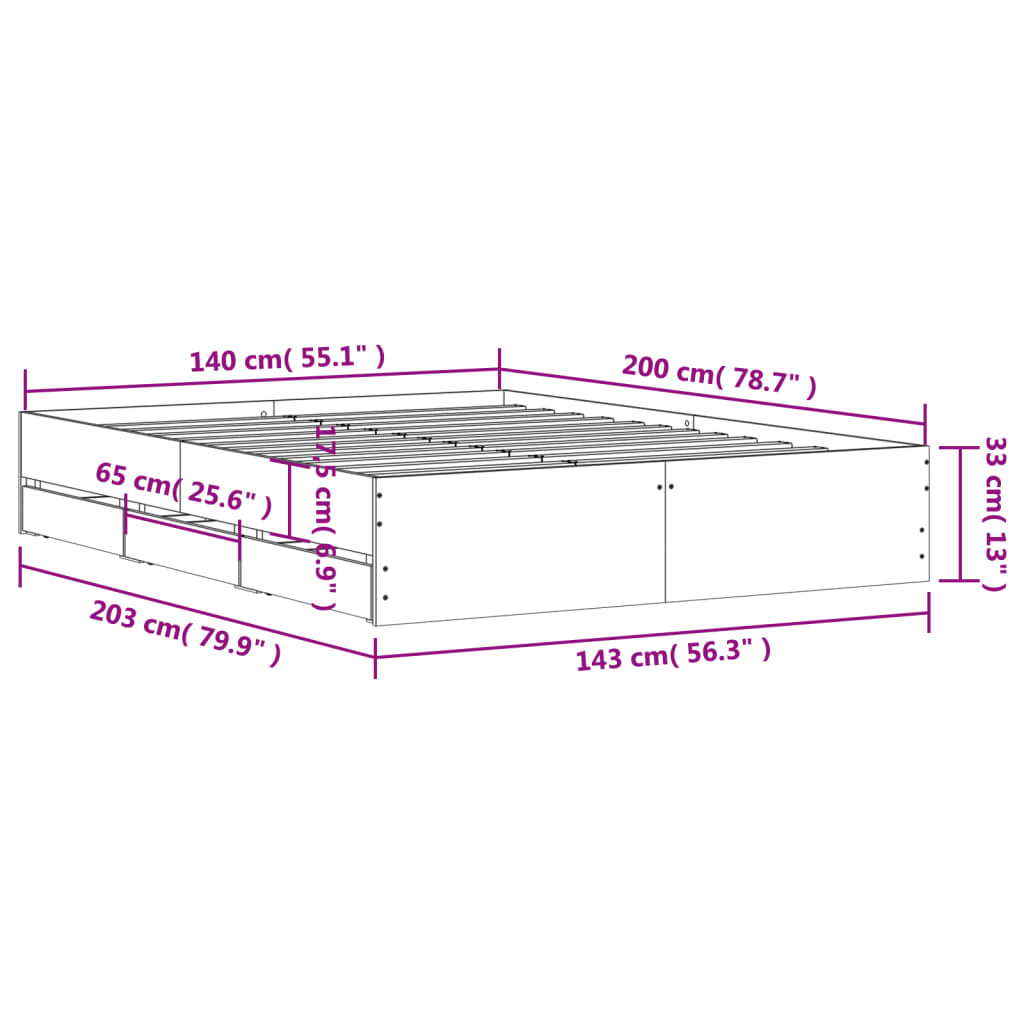 vidaXL Posteľný rám so zásuvkami sivá sonoma 140x200cm kompozit. drevo