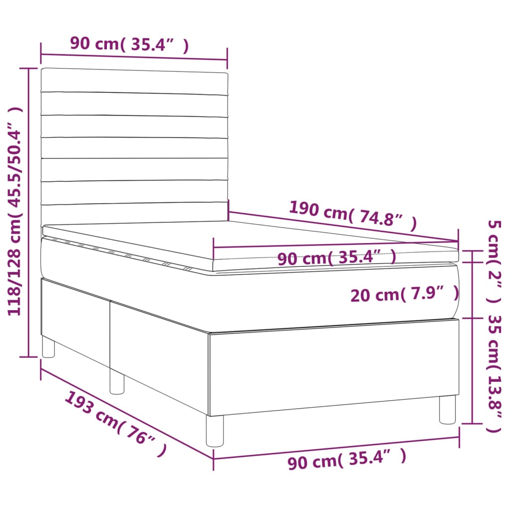 vidaXL Posteľ boxsping s matracom a LED krémová 90x190 cm látka