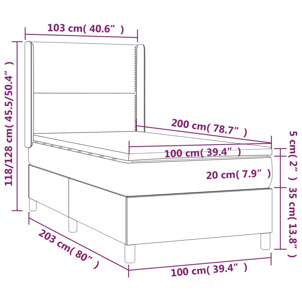 vidaXL Posteľ boxsping s matracom a LED bledosivá 100x200 cm látka