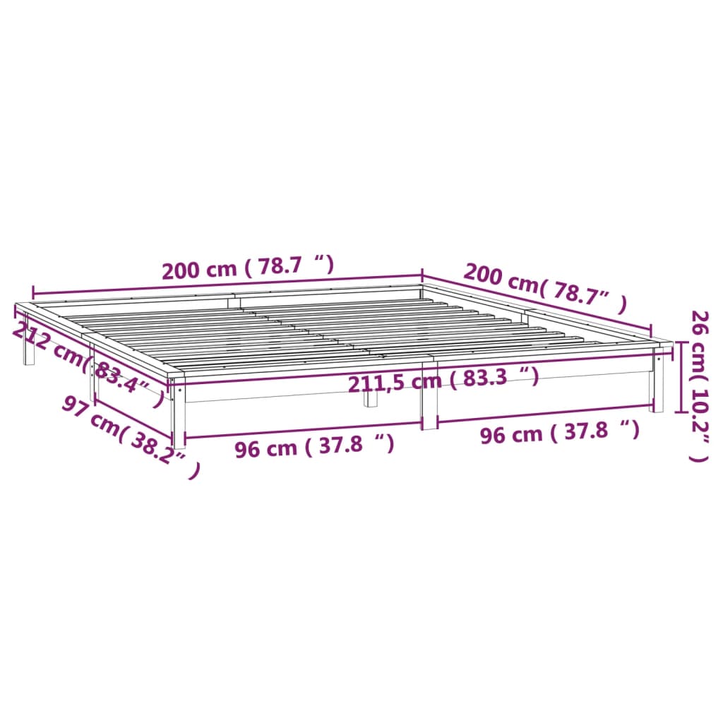 vidaXL Posteľný rám s LED čierny 200x200 cm masívne drevo